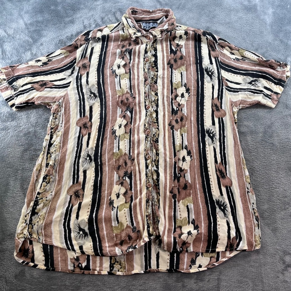 Vintage MPH Collection Floral Stripe Rayon Button Down Shirt Brown Tan Large
